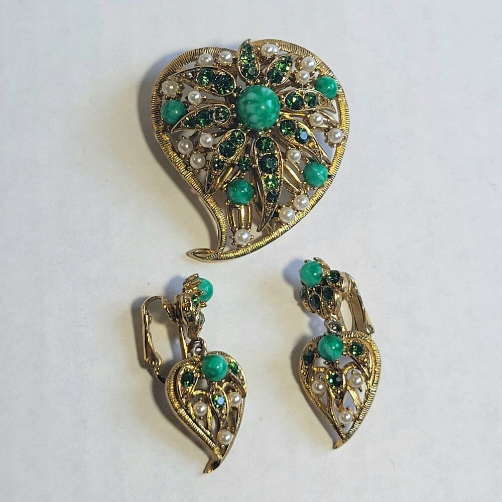 Vintage Set Brooch Clip On Earrings Green Gold Filigree Pearl Gaux Amazonite